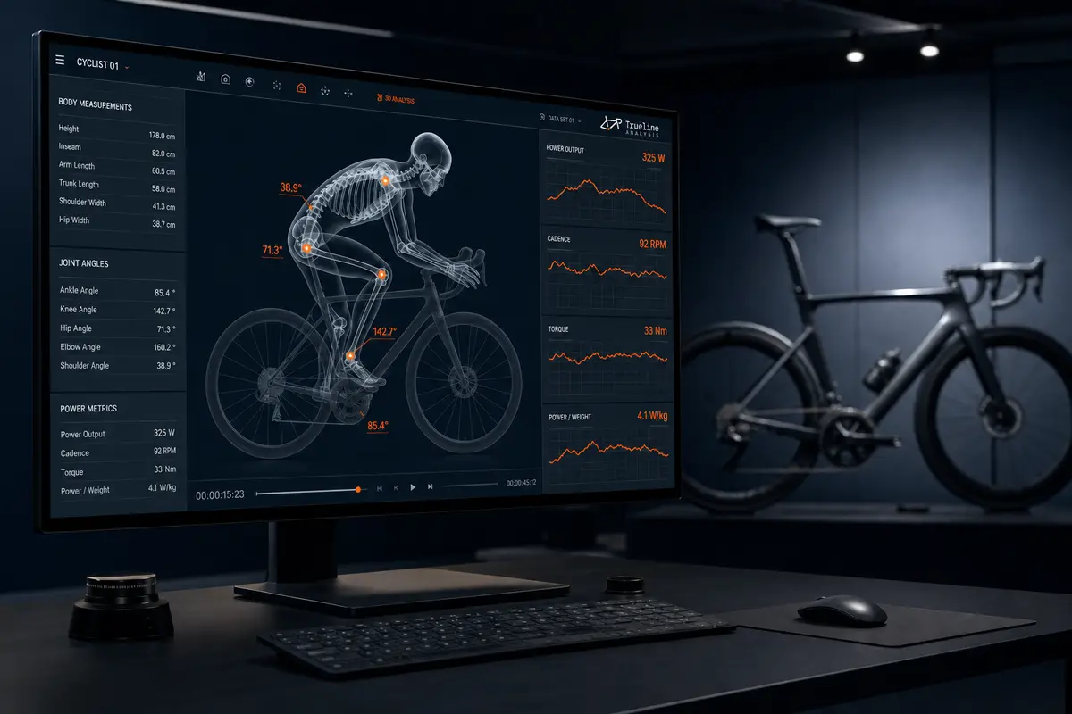 The TrueLine analysis screen: a rider's skeletal overlay with live joint angles, power, and cadence readouts