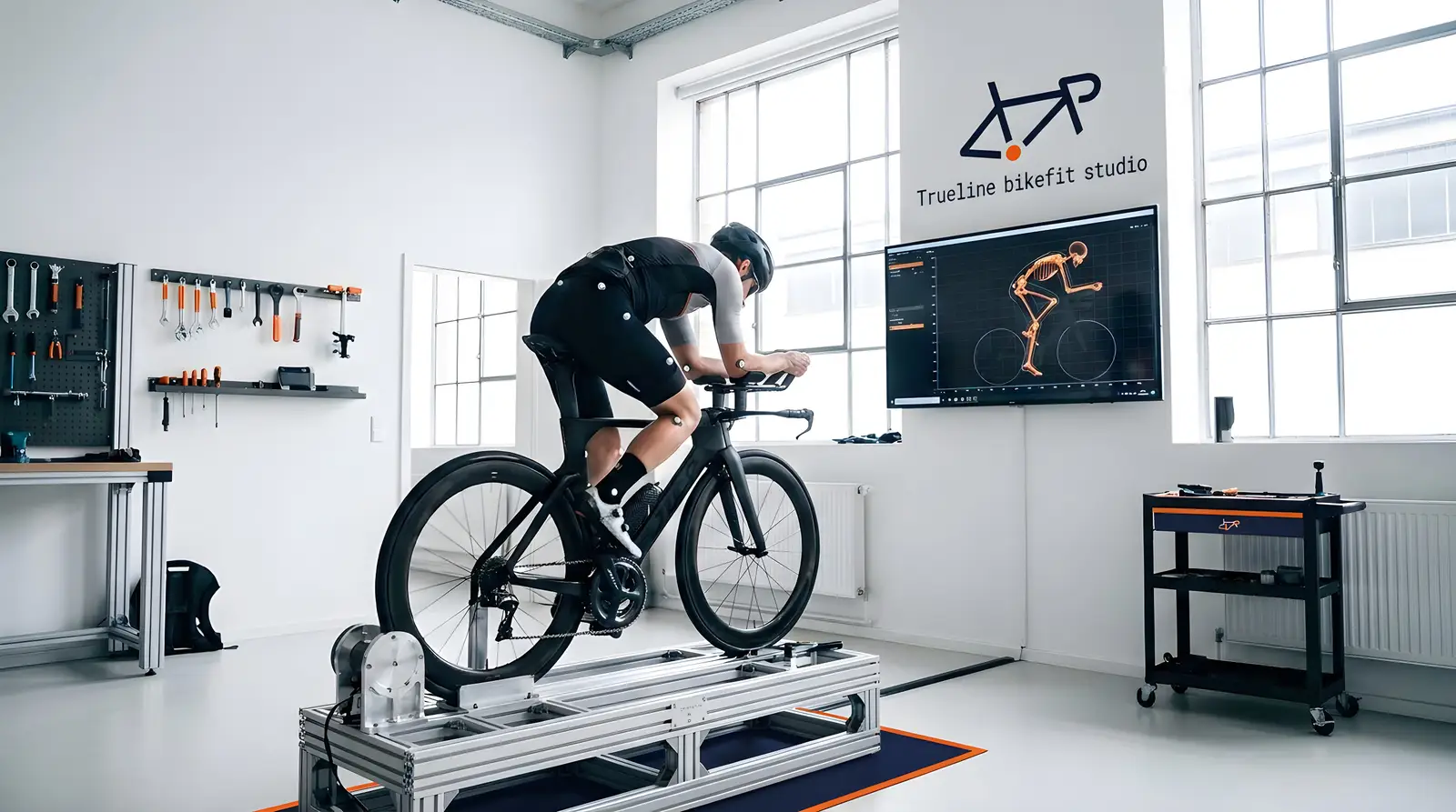 Inside the TrueLine studio: a rider on the fit jig, measurement tools and screens around