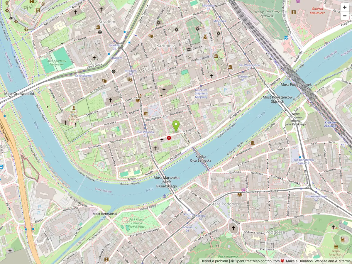 Map of Kazimierz, Kraków, with the studio marked on ul. Mostowa 8 near the Bernatka footbridge